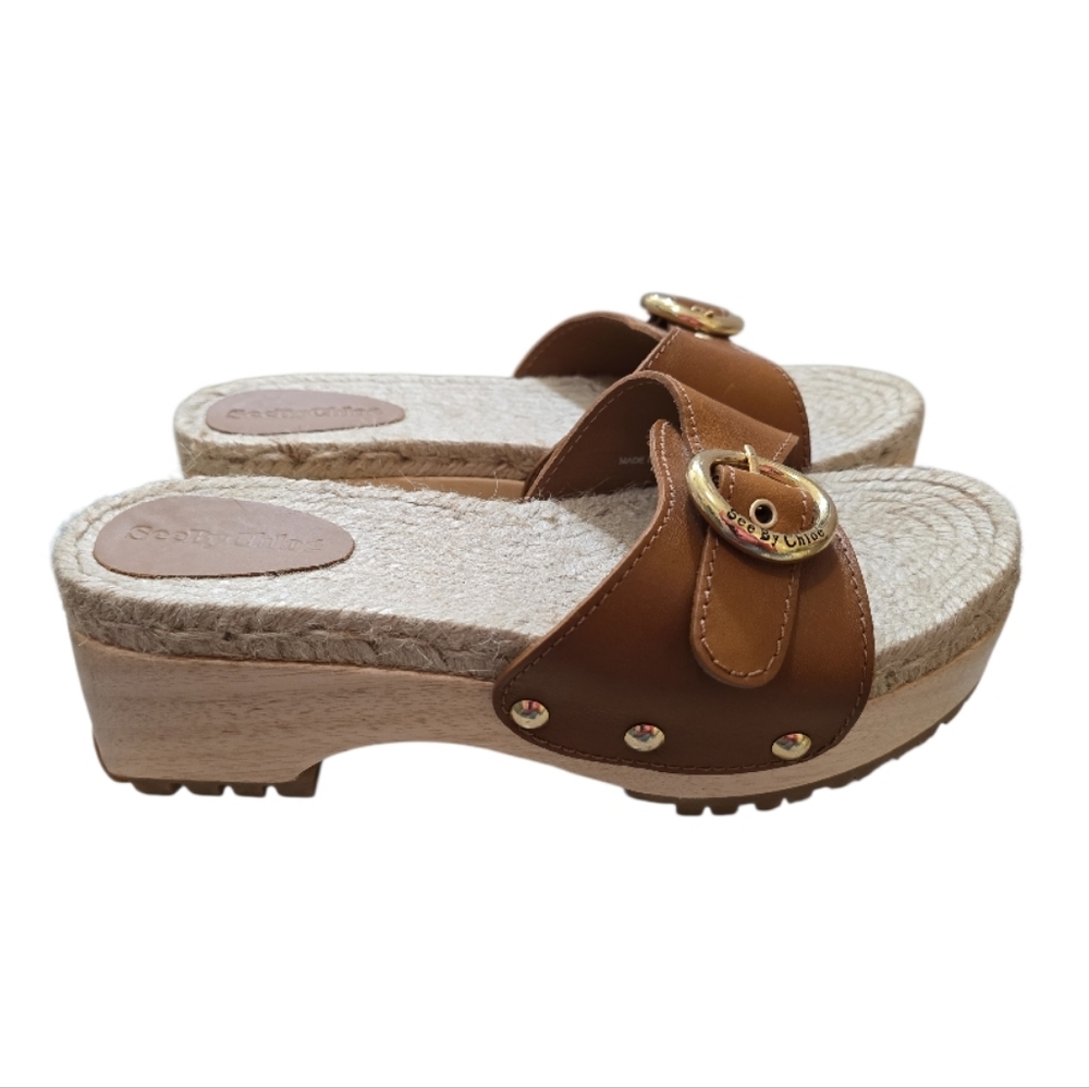 See By Chloe Viviane Leather Jute Wood Platform Sandals Open Toe Clog Cedar 37 7 - Picture 9 of 12